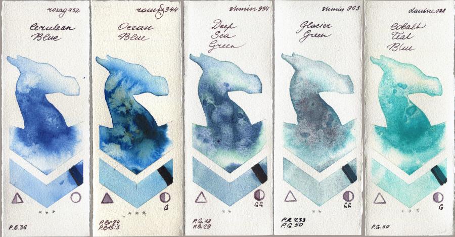 Rosa Gallery 752 Cerulean Blue vs Roman Szmal Aquarius 344 Ocean Blue vs Shminke Horadam Aquarell 954 Deep Sea Green vs 963 Glacier Green vs Daniel Smith 028 Cobalt Teal Blue watercolor swatch