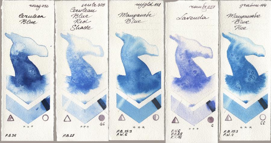 Rosa Gallery 752 Cerulean Blue, Sennelier l Aquarelle 305 Cerulean Blue Red Shade, Mijello Mission Gold 548 Manganese Blue, Roman Szmal Aquarius 227 Lavenda, M. Graham & Co. Artists 114 Manganese Blue H watercolor swatch