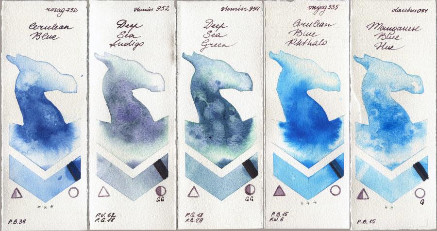 Rosa Gallery 752 Cerulean Blue vs Shminke Horadam Aquarell 952 Deep Sea Indigo vs 954 Deep Sea Green vs Van Gogh Watercolour 535 Cerulean Blue Phthalo vs Daniel Smith 051 Manganese Blue Hue watercolor swatch