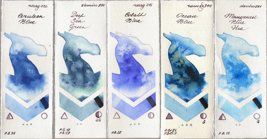 Rosa Gallery 752 Cerulean Blue vs Shminke Horadam Aquarell 954 Deep Sea Green vs 716 Cobalt Blue vs Roman Szmal Aquarius 344 Ocean Blue vs Daniel Smith 051 Manganese Blue Hue watercolor swatch