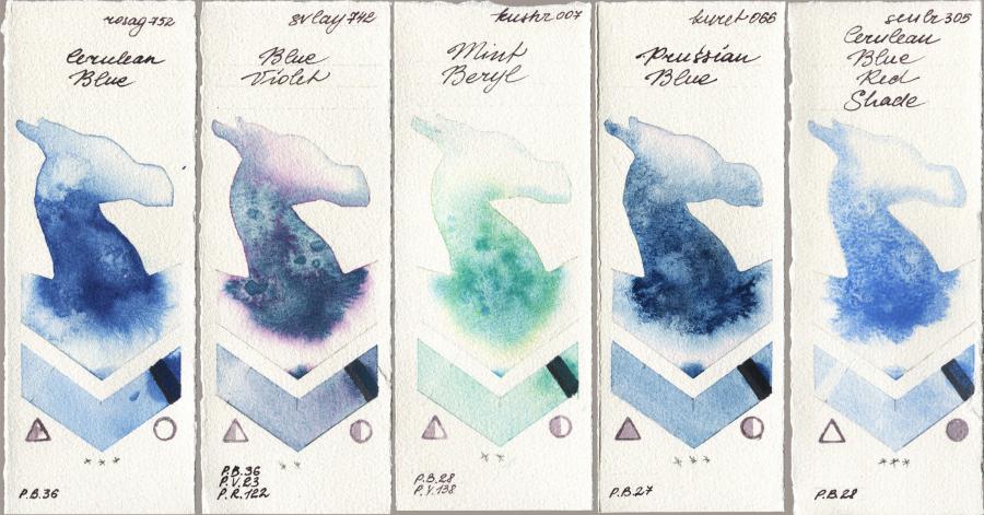 Rosa Gallery 752 Cerulean Blue vs SuperVision 742 Blue Violet vs Kusakabe 007 Mint Beryl vs Kuretake Gansai Tambi 066 Prussian Blue vs Sennelier l Aquarelle 305 Cerulean Blue Red Shade watercolor swatch