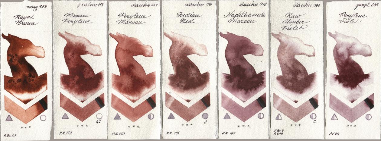 Rosa Gallery 753 Royal Brown, M. Graham & Co. Artists 113 Maroon Perylene, Daniel Smith 074 Perylene Maroon, 044 Indian Red, 059 Naphthamide Maroon, 098 Raw Umber Violet, Golden QOR 635 Perylene Viol watercolor swatch