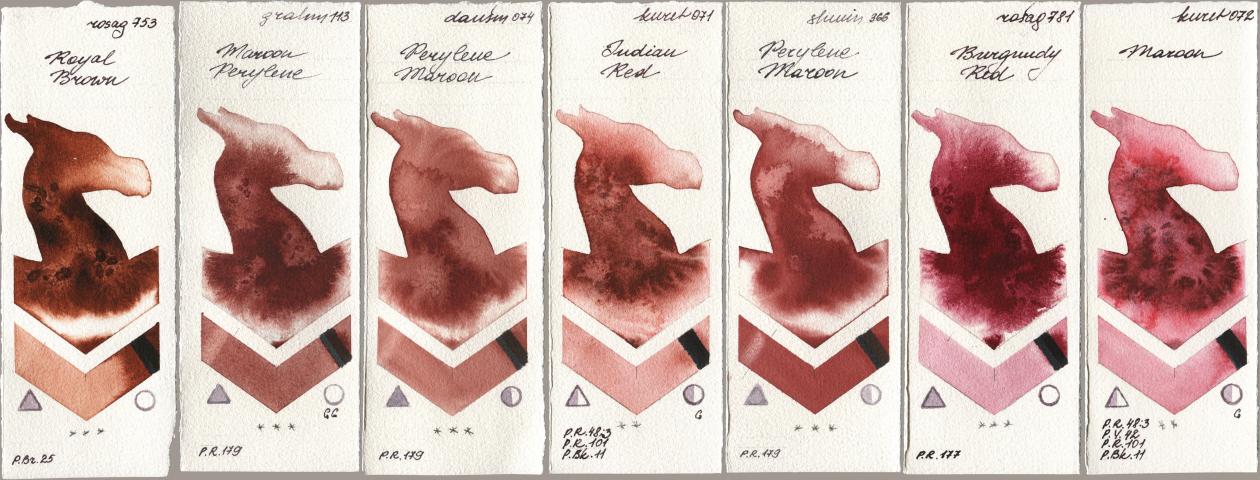 Rosa Gallery 753 Royal Brown, M. Graham & Co. Artists 113 Maroon Perylene, Daniel Smith 074 Perylene Maroon, Kuretake Gansai Tambi 071 Indian Red, Shminke Horadam Aquarell 366 Perylene Maroon, 781 Burgundy Red, 072 Maro watercolor swatch