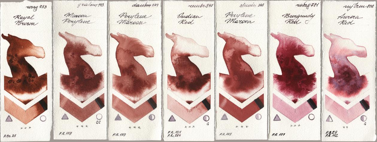 Rosa Gallery 753 Royal Brown, M. Graham & Co. Artists 113 Maroon Perylene, Daniel Smith 074 Perylene Maroon, Royal Talens Rembrandt Watercolour 347 Indian Red, Shminke Horadam Aquarell 366 Perylene Maroon, 781 Burgundy Red, Mijello Mission Gold 806 Aurora R watercolor swatch