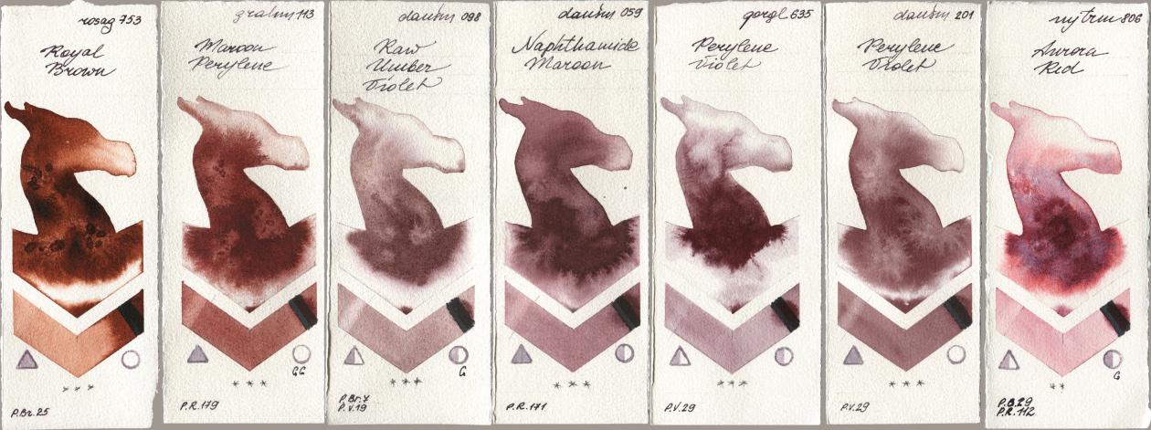 Rosa Gallery 753 Royal Brown, M. Graham & Co. Artists 113 Maroon Perylene, Daniel Smith 098 Raw Umber Violet, 059 Naphthamide Maroon, Golden QOR 635 Perylene Violet, 201 Perylene Violet, Mijello Mission Gold 806 Aurora R watercolor swatch