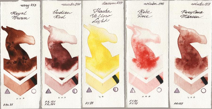Rosa Gallery 753 Royal Brown vs Royal Talens Rembrandt Watercolour 347 Indian Red vs Daniel Smith 039 Hansa Yellow Light vs Winsor & Newton Professional 576 Rose Dore vs 507 Perylene Maroon watercolor swatch