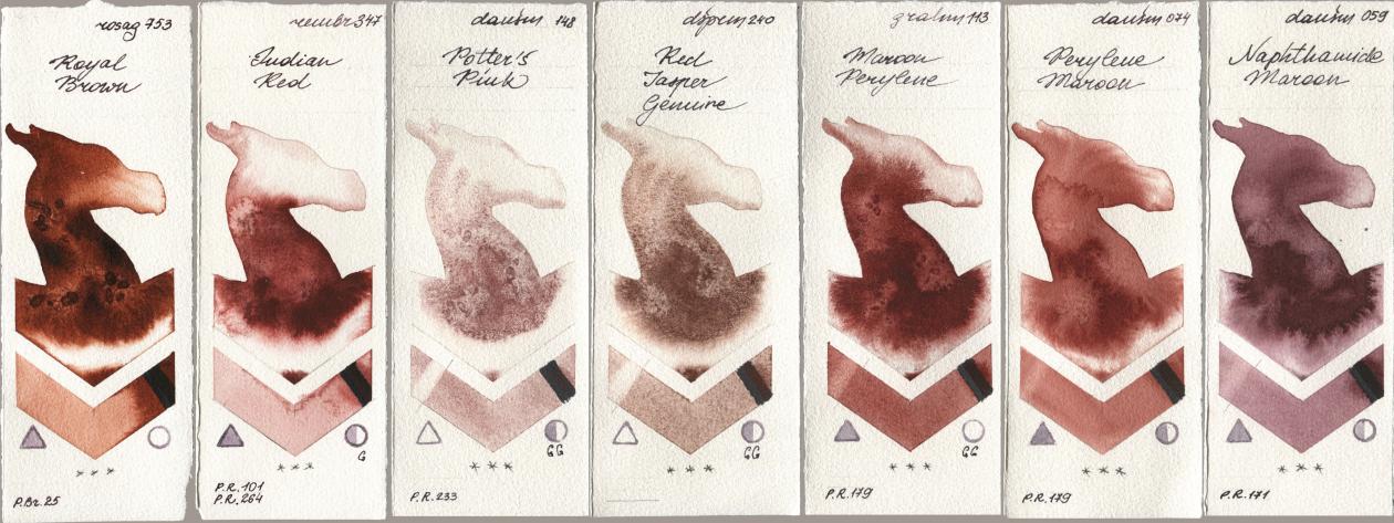 Rosa Gallery 753 Royal Brown, Royal Talens Rembrandt Watercolour 347 Indian Red, Daniel Smith 148 Potters Pink, 240 Red Jasper Genuine, M. Graham & Co. Artists 113 Maroon Perylene, 074 Perylene Maroon, 059 Naphthamide Maro watercolor swatch