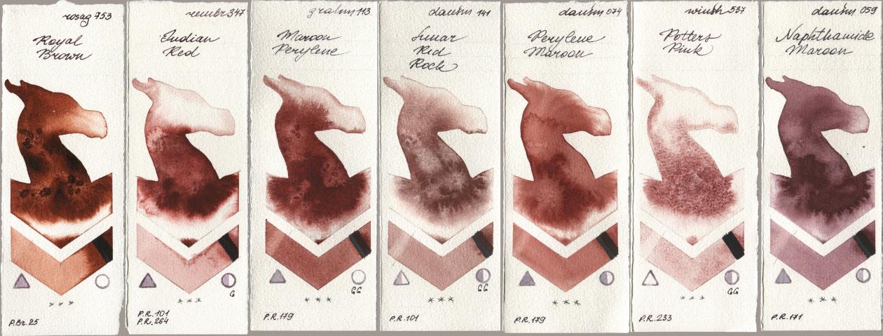 Rosa Gallery 753 Royal Brown, Royal Talens Rembrandt Watercolour 347 Indian Red, M. Graham & Co. Artists 113 Maroon Perylene, Daniel Smith 141 Lunar Red Rock, 074 Perylene Maroon, Winsor & Newton Professional 537 Potters Pink, 059 Naphthamide Maro watercolor swatch