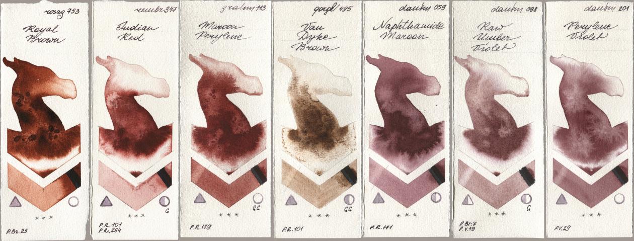 Rosa Gallery 753 Royal Brown, Royal Talens Rembrandt Watercolour 347 Indian Red, M. Graham & Co. Artists 113 Maroon Perylene, Golden QOR 495 Van Dyke Brown, Daniel Smith 059 Naphthamide Maroon, 098 Raw Umber Violet, 201 Perylene Viol watercolor swatch