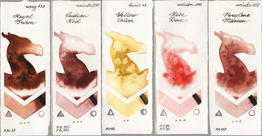 Rosa Gallery 753 Royal Brown vs Royal Talens Rembrandt Watercolour 347 Indian Red vs Kuretake Gansai Tambi 044 Yellow Ochre vs Winsor & Newton Professional 576 Rose Dore vs 507 Perylene Maroon watercolor swatch