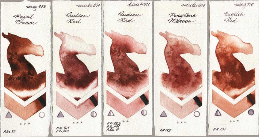 Rosa Gallery 753 Royal Brown vs Royal Talens Rembrandt Watercolour 347 Indian Red vs Kuretake Gansai Tambi 071 Indian Red vs Winsor & Newton Professional 507 Perylene Maroon vs 736 English Red watercolor swatch