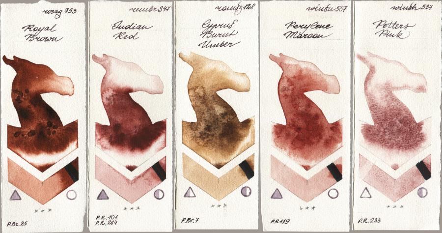 Rosa Gallery 753 Royal Brown vs Royal Talens Rembrandt Watercolour 347 Indian Red vs Roman Szmal Aquarius 128 Cyprus Burnt Umber vs Winsor & Newton Professional 507 Perylene Maroon vs 537 Potters Pink watercolor swatch