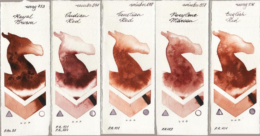 Rosa Gallery 753 Royal Brown vs Royal Talens Rembrandt Watercolour 347 Indian Red vs Winsor & Newton Professional 678 Venetian Red vs 507 Perylene Maroon vs 736 English Red watercolor swatch