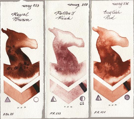 Rosa Gallery 753 Royal Brown vs Roman Szmal Aquarius 359 Potters Pink vs 736 English Red watercolor swatch