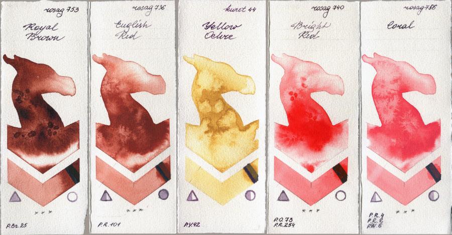 Rosa Gallery 753 Royal Brown vs 736 English Red vs Kuretake Gansai Tambi 44 Yellow Ochre vs 740 Bright Red vs 756 Coral watercolor swatch