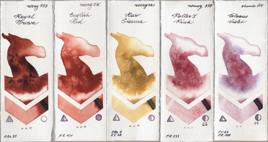Rosa Gallery 753 Royal Brown vs 736 English Red vs 721 Raw Sienna vs Roman Szmal Aquarius 359 Potters Pink vs Shminke Horadam Aquarell 914 Volcano Violet watercolor swatch