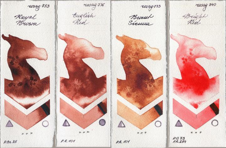 Rosa Gallery 753 Royal Brown vs 736 English Red vs 733 Burnt Sienna vs 740 Bright Red watercolor swatch