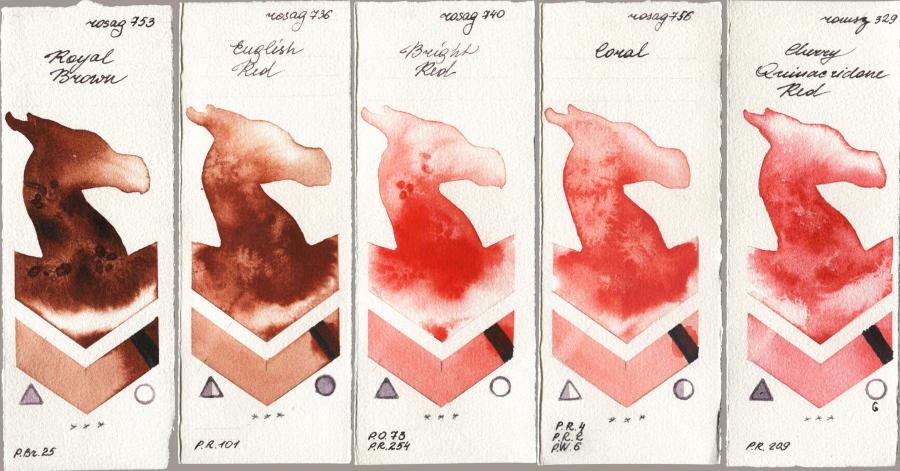 Rosa Gallery 753 Royal Brown vs 736 English Red vs 740 Bright Red vs 756 Coral vs Roman Szmal Aquarius 329 Cherry Quinacridone Red watercolor swatch