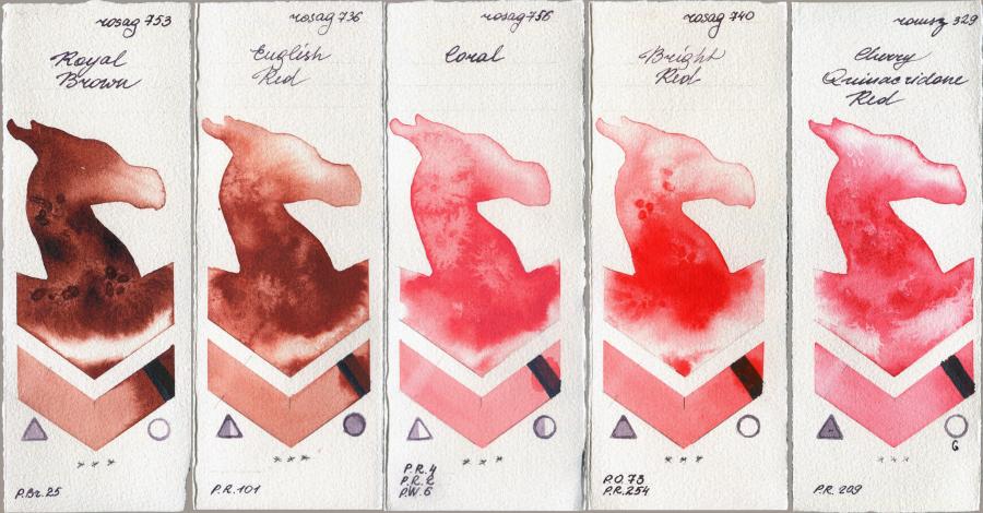 Rosa Gallery 753 Royal Brown vs 736 English Red vs 756 Coral vs 740 Bright Red vs Roman Szmal Aquarius 329 Cherry Quinacridone Red watercolor swatch