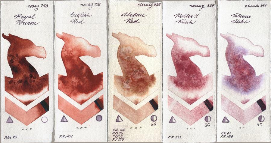 Rosa Gallery 753 Royal Brown vs 736 English Red vs Shminke Horadam Aquarell 926 Urban Red vs Roman Szmal Aquarius 359 Potters Pink vs 914 Volcano Violet watercolor swatch