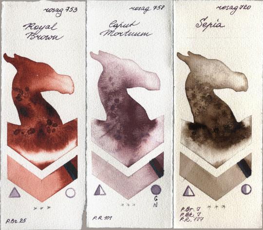 Rosa Gallery 753 Royal Brown vs 758 Caput Mortuum vs 720 Sepia watercolor swatch