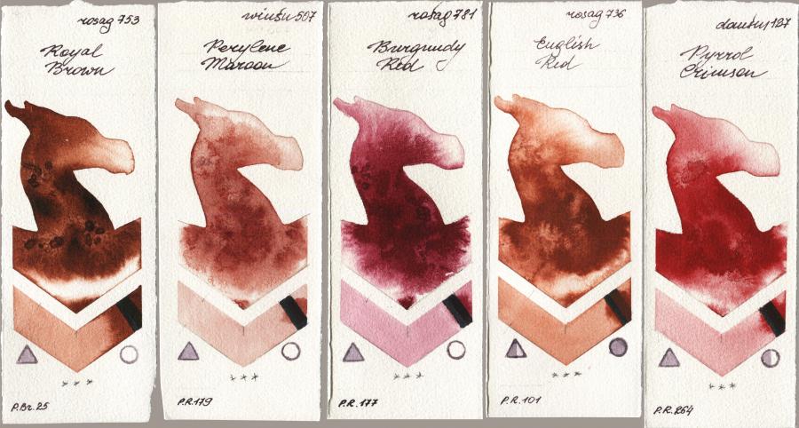 Rosa Gallery 753 Royal Brown vs Winsor & Newton Professional 507 Perylene Maroon vs 781 Burgundy Red vs 736 English Red vs Daniel Smith 127 Pyrrol Crimson watercolor swatch