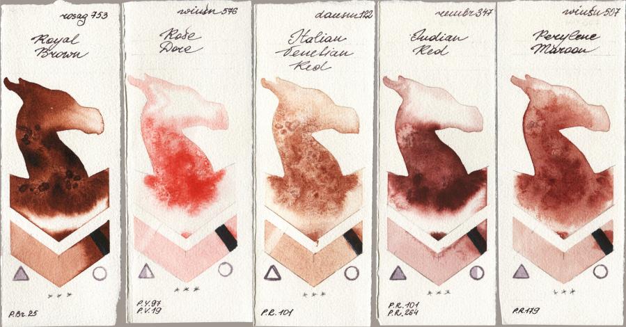 Rosa Gallery 753 Royal Brown vs Winsor & Newton Professional 576 Rose Dore vs Daniel Smith 122 Italian Venetian Red vs Royal Talens Rembrandt Watercolour 347 Indian Red vs 507 Perylene Maroon watercolor swatch
