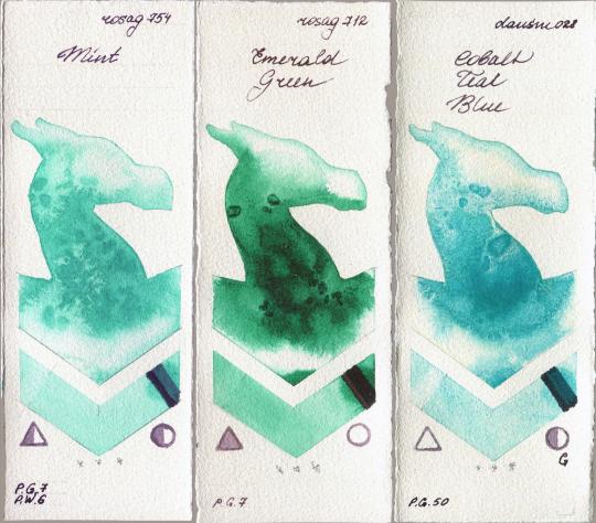 Rosa Gallery 754 Mint vs 712 Emerald Green vs Daniel Smith 028 Cobalt Teal Blue watercolor swatch