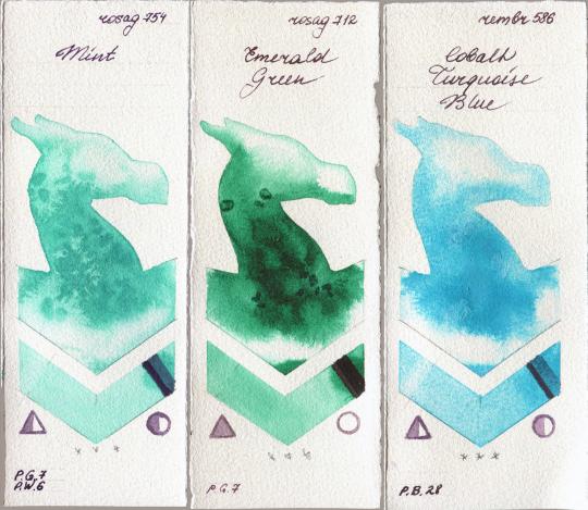 Rosa Gallery 754 Mint vs 712 Emerald Green vs Royal Talens Rembrandt Watercolour 586 Cobalt Turquoise Blue watercolor swatch