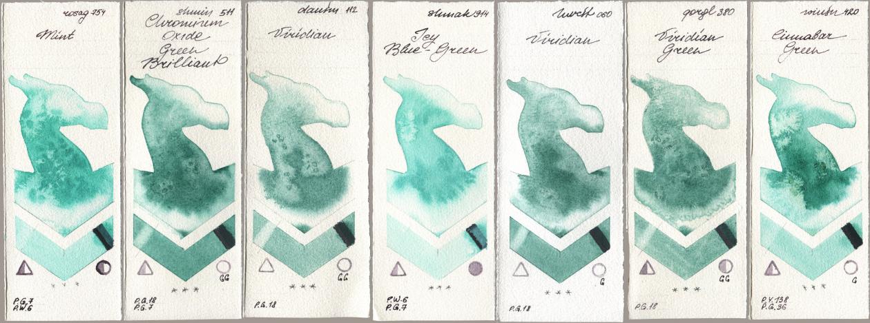 Rosa Gallery 754 Mint, Shminke Horadam Aquarell 511 Chromium Oxide Green Brilliant, Daniel Smith 112 Viridian, Shminke Akademie Aquarell 914 Icy Blue-Green, Holbein Artists Watercolor 060 Viridian, Golden QOR 380 Viridian Green, Winsor & Newton Professional 420 Cinnabar Gre watercolor swatch