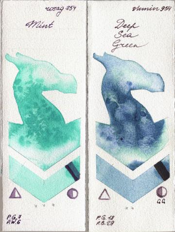 Rosa Gallery 754 Mint vs Shminke Horadam Aquarell 954 Deep Sea Green watercolor swatch
