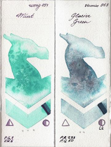 Rosa Gallery 754 Mint vs Shminke Horadam Aquarell 963 Glacier Green watercolor swatch