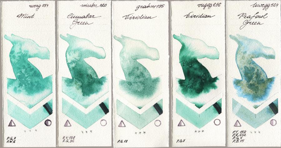 Rosa Gallery 754 Mint vs Winsor & Newton Professional 420 Cinnabar Green vs M. Graham & Co. Artists 195 Viridian vs Royal Talens Van Gogh Watercolour 616 Viridian vs Holbein Artists Watercolor 524 Peafowl Green watercolor swatch