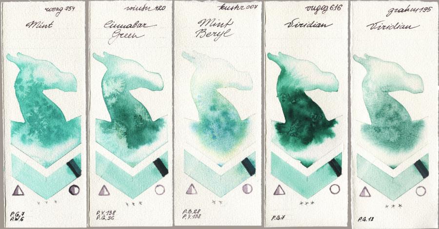 Rosa Gallery 754 Mint vs Winsor & Newton Professional 420 Cinnabar Green vs Kusakabe 007 Mint Beryl vs Royal Talens Van Gogh Watercolour 616 Viridian vs M. Graham & Co. Artists 195 Viridian watercolor swatch
