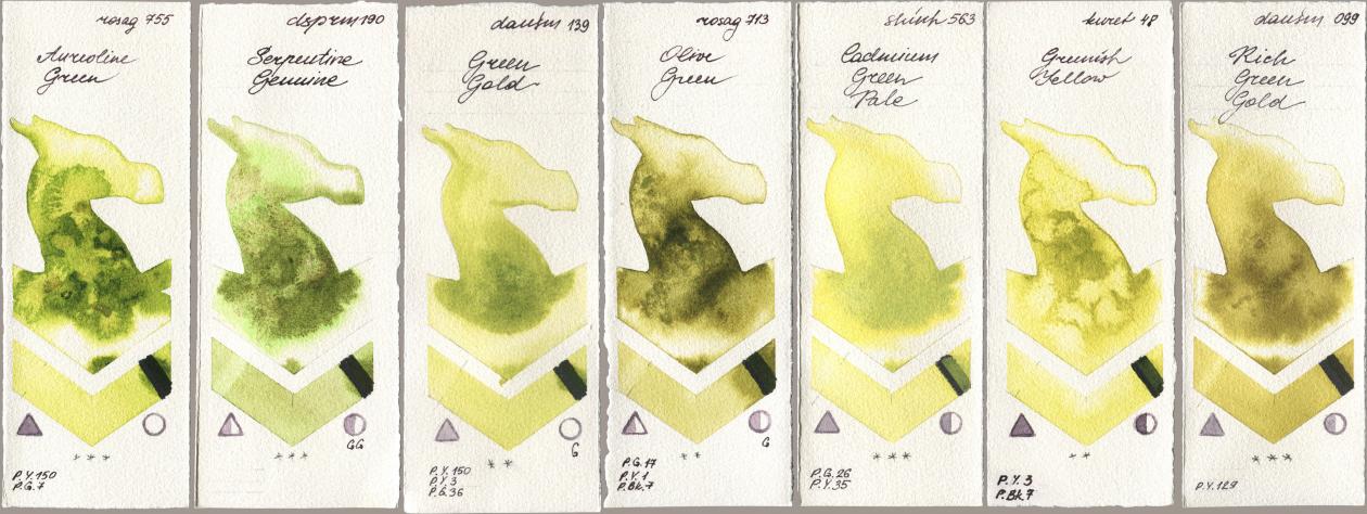 Rosa Gallery 755 Aureoline Green, Daniel Smith 190 Serpentine Genuine, 139 Green Gold, 713 Olive Green, Shinhan PWC 563 Cadmium Green Pale, Kuretake Gansai Tambi 048 Greenish Yellow, 099 Rich Green Go watercolor swatch