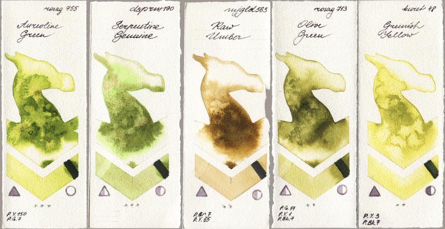 Rosa Gallery 755 Aureoline Green vs Daniel Smith 190 Serpentine Genuine vs Mijello Mission Gold 563 Raw Umber vs 713 Olive Green vs Kuretake Gansai Tambi 048 Greenish Yellow watercolor swatch