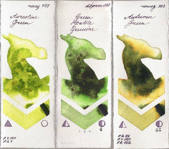 Rosa Gallery 755 Aureoline Green vs Daniel Smith 197 Green Apatite Genuine vs Roman Szmal Aquarius 363 Autumn Green watercolor swatch