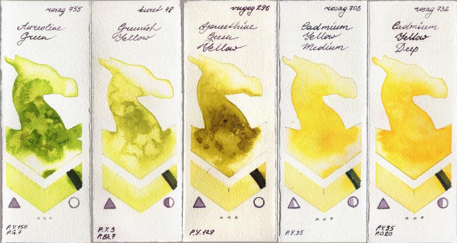 Rosa Gallery 755 Aureoline Green vs Kuretake Gansai Tambi 48 Greenish Yellow vs Royal Talens Van Gogh Watercolour 296 Azomethine Green Yellow vs 703 Cadmium Yellow Medium vs 732 Cadmium Yellow Deep watercolor swatch