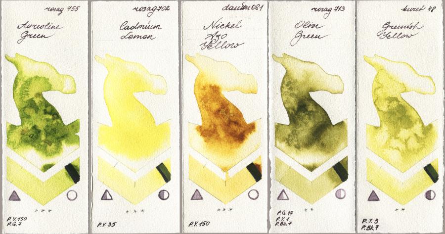 Rosa Gallery 755 Aureoline Green vs 702 Cadmium Lemon vs Daniel Smith 061 Nickel Azo Yellow vs 713 Olive Green vs Kuretake Gansai Tambi 048 Greenish Yellow watercolor swatch