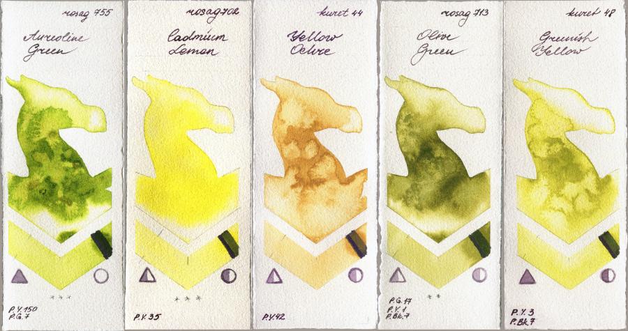 Rosa Gallery 755 Aureoline Green vs 702 Cadmium Lemon vs Kuretake Gansai Tambi 44 Yellow Ochre vs 713 Olive Green vs 48 Greenish Yellow watercolor swatch