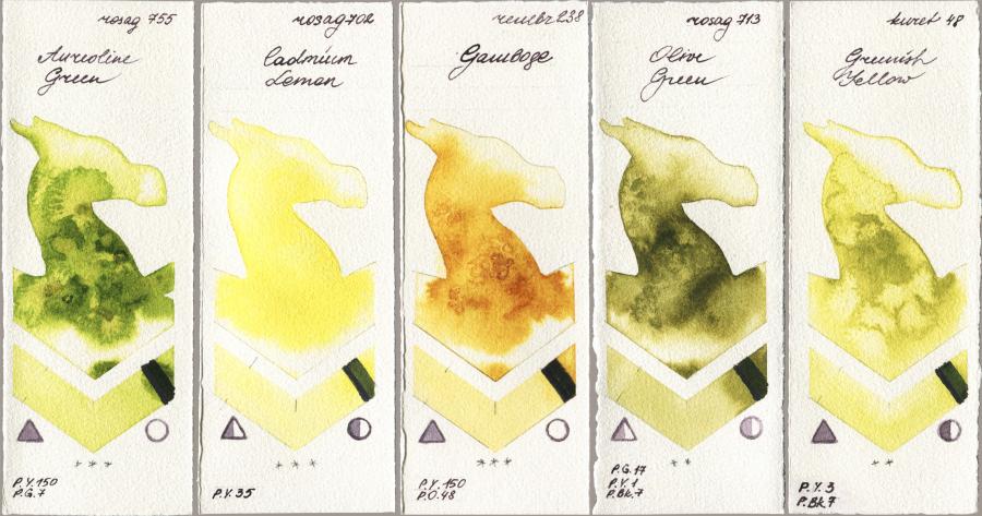 Rosa Gallery 755 Aureoline Green vs 702 Cadmium Lemon vs Royal Talens Rembrandt Watercolour 238 Gamboge vs 713 Olive Green vs Kuretake Gansai Tambi 048 Greenish Yellow watercolor swatch