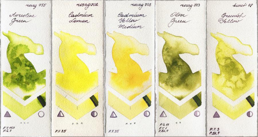 Rosa Gallery 755 Aureoline Green vs 702 Cadmium Lemon vs 703 Cadmium Yellow Medium vs 713 Olive Green vs Kuretake Gansai Tambi 48 Greenish Yellow watercolor swatch