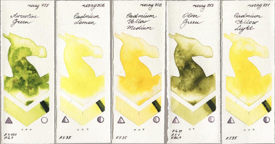 Rosa Gallery 755 Aureoline Green vs 702 Cadmium Lemon vs 703 Cadmium Yellow Medium vs 713 Olive Green vs 731 Cadmium Yellow Light watercolor swatch