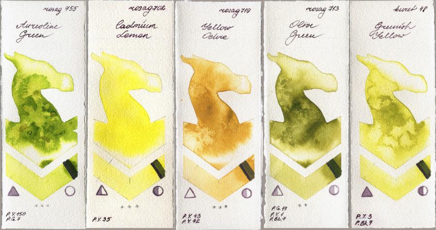 Rosa Gallery 755 Aureoline Green vs 702 Cadmium Lemon vs 719 Yellow Ochre vs 713 Olive Green vs Kuretake Gansai Tambi 48 Greenish Yellow watercolor swatch