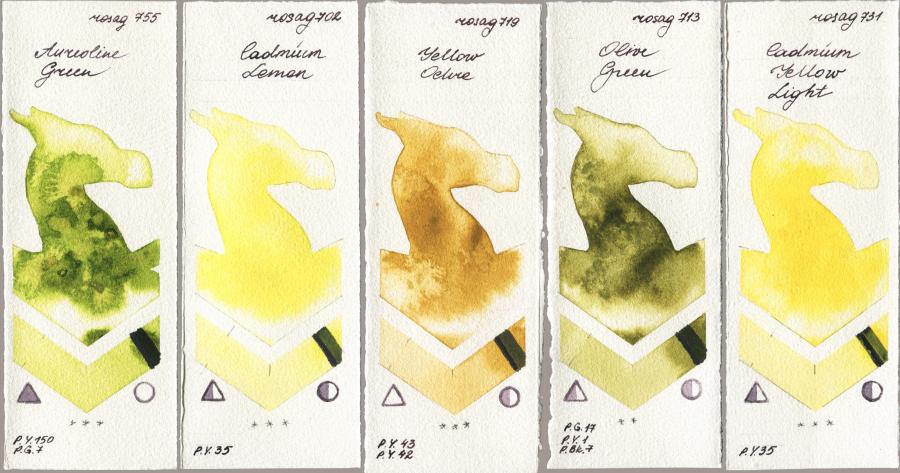 Rosa Gallery 755 Aureoline Green vs 702 Cadmium Lemon vs 719 Yellow Ochre vs 713 Olive Green vs 731 Cadmium Yellow Light watercolor swatch