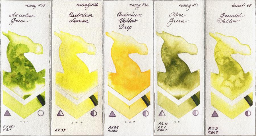 Rosa Gallery 755 Aureoline Green vs 702 Cadmium Lemon vs 732 Cadmium Yellow Deep vs 713 Olive Green vs Kuretake Gansai Tambi 48 Greenish Yellow watercolor swatch