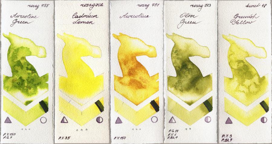 Rosa Gallery 755 Aureoline Green vs 702 Cadmium Lemon vs 751 Aureoline vs 713 Olive Green vs Kuretake Gansai Tambi 48 Greenish Yellow watercolor swatch