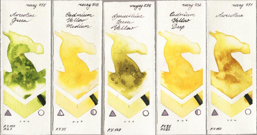 Rosa Gallery 755 Aureoline Green vs 703 Cadmium Yellow Medium vs Royal Talens Van Gogh Watercolour 296 Azomethine Green Yellow vs 732 Cadmium Yellow Deep vs 751 Aureoline watercolor swatch