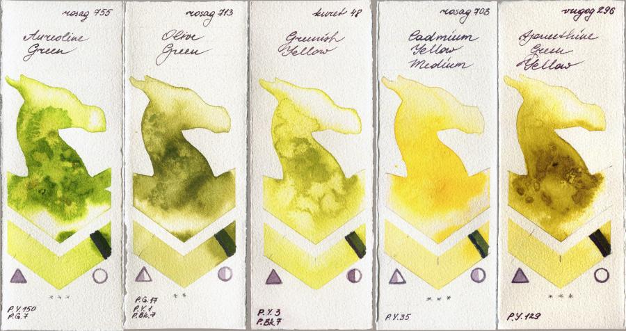 Rosa Gallery 755 Aureoline Green vs 713 Olive Green vs Kuretake Gansai Tambi 48 Greenish Yellow vs 703 Cadmium Yellow Medium vs Royal Talens Van Gogh Watercolour 296 Azomethine Green Yellow watercolor swatch