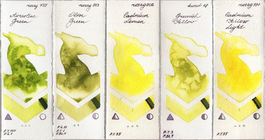 Rosa Gallery 755 Aureoline Green vs 713 Olive Green vs 702 Cadmium Lemon vs Kuretake Gansai Tambi 48 Greenish Yellow vs 731 Cadmium Yellow Light watercolor swatch